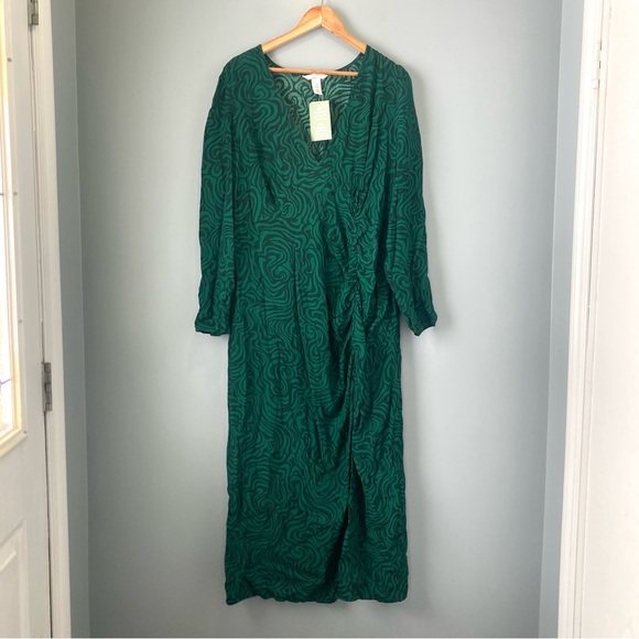 H&M Green Crêpe Midi Dress Long Puffy Sleeves Ruched Slit Skirt Size XXL BNWT - Picture 3 of 11